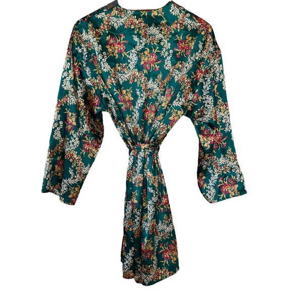 Vtg Victorias Secret Gold Label Green Floral Kimono Robe Lace Trim One Size - Picture 5 of 6